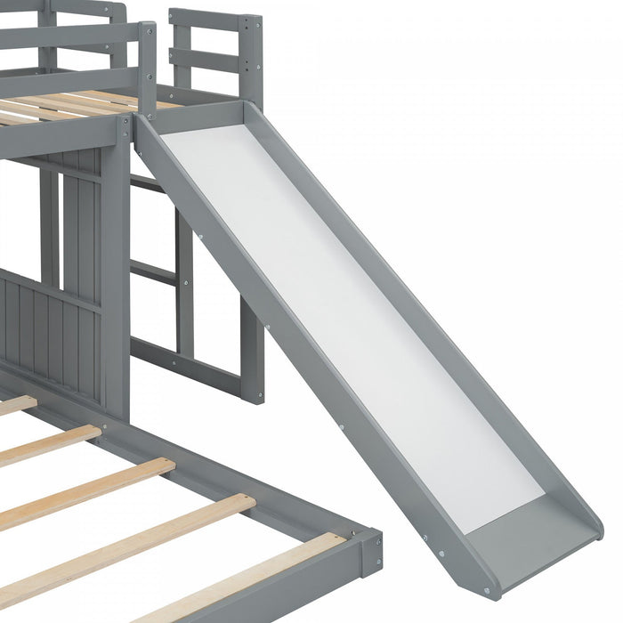 Marico Twin Over Solid Wood Full Bunk Bed With Slide, Playhouse Design - Grey 