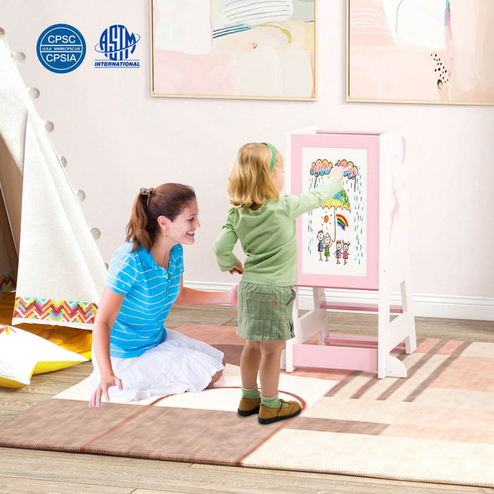 Costway Toddler Kitchen Stool Helper Baby Standing Tower With Chalkboard & Whiteboard Pink