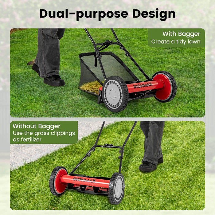 Ironmax 16" Push Lawn Mower With 5-blade 6.9 Gallon Removable Grass Catcher For Garden Red