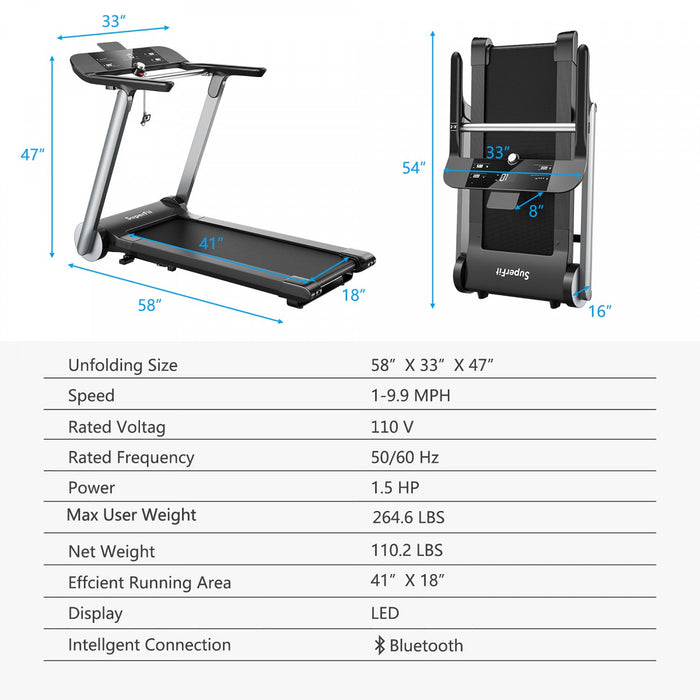Superfit Folding Electric Treadmill Jogging Machine Bluetooth 10 Preset Programs