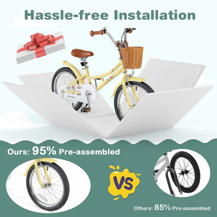 Costway 18" Kids Bike With Height Adjustable Handlebar Seat Basket Bell Training Wheels Yellow