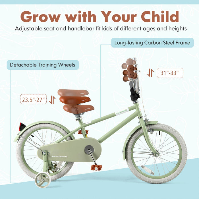 Costway 18" Kids Bike With Adjustable Saddle Handlebar Removable Training Wheels Handbrake Green