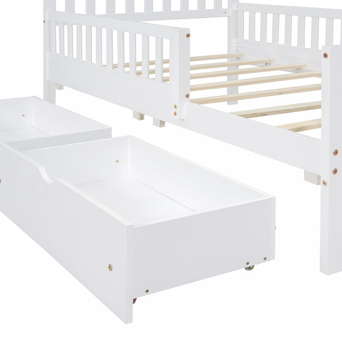 Emma Wood Platform Bed with Guardrails and Storage Drawers,Twin Size - White 