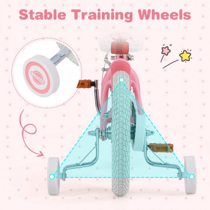 Costway 14" Kid's Bike With Removable Training Wheels & Basket For 3-5 Years Old Pink