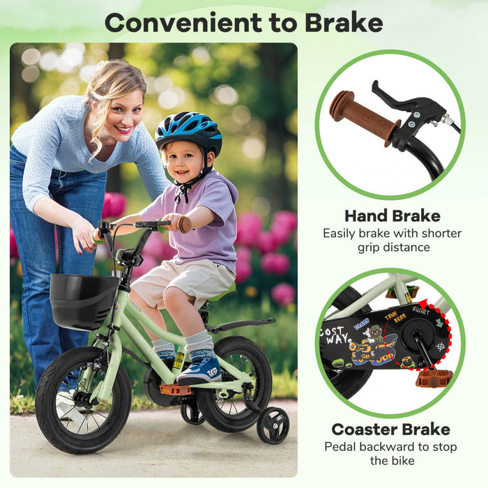Costway 12" Kid's Bike With Training Wheels Adjustable Handlebar & Seat Handbrake Green