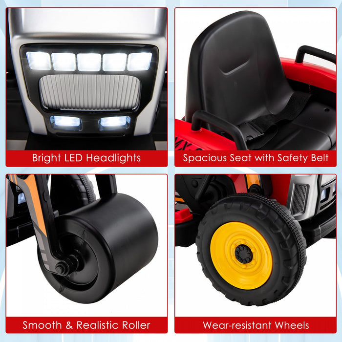 Costway Kids Ride On Road Roller 12v Electric Tractor Remote W/ Music & Led Light Red