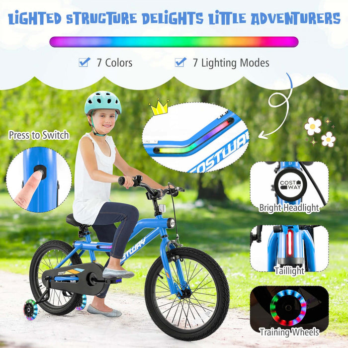 Costway 18" Led Lighted Kids Bike With Adjustable Seat Coaster Brake Training Wheels Blue