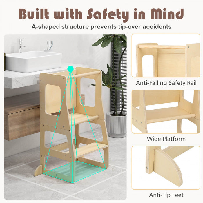 Costway 3-in-1 Foldable Kitchen Standing Tower For Toddlers With Chalkboard Weaning Table Natural