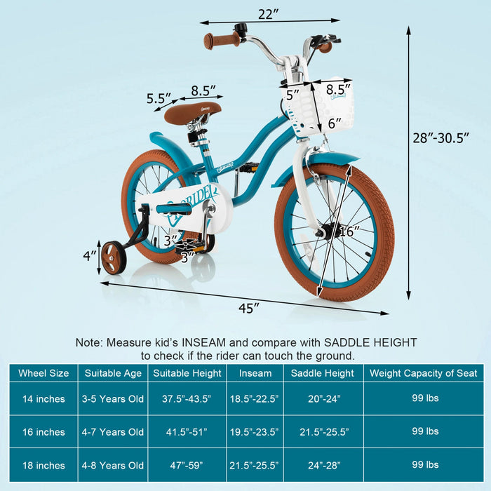 Costway 16" Kids Bike Toddler Adjustable Bicycle Withtraining Wheel For 4-7 Years Old
