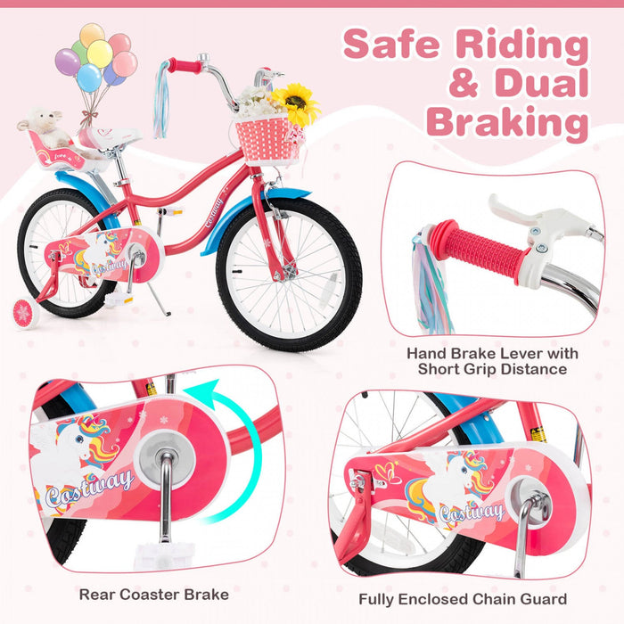 Costway 18" Kids Bike For 4-8 Years Old With Basket Doll Seat & Colorful Streamers Kickstand Pink