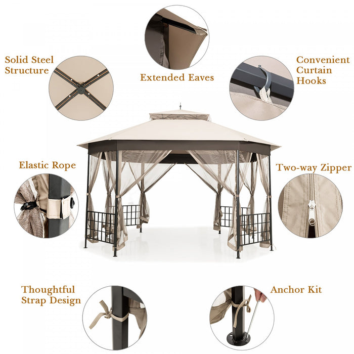 Costway 10'x12' Patio Gazebo Canopy Shelter Double Top Netting Sidewalls Beige