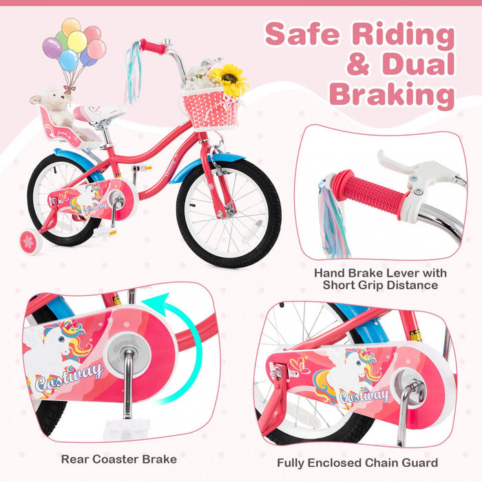 Costway 16" Kids Bike With Basket Doll Seat & Colorful Streamers 2 Training Wheels Pink