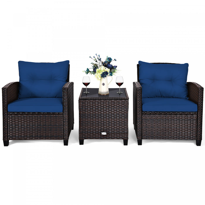 Costway 3pcs Patio Rattan Furniture Set Cushioned Conversation Set Coffee Table Navy