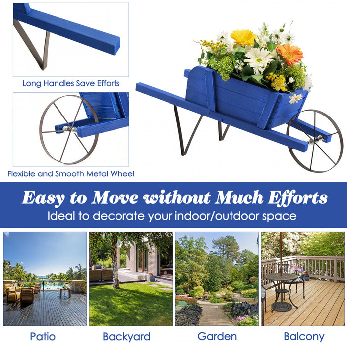 Costway Wooden Wagon Planter Decorative Indoor/outdoor Rustic Flower Cart With Wheel Blue