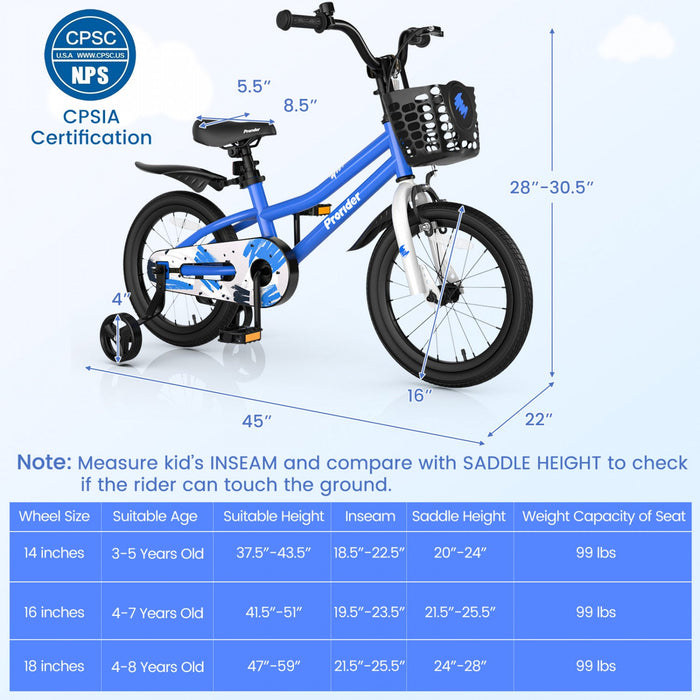 Costway 16" Kid's Bike With Removable Training Wheels & Basket For 4-7 Years Old Blue