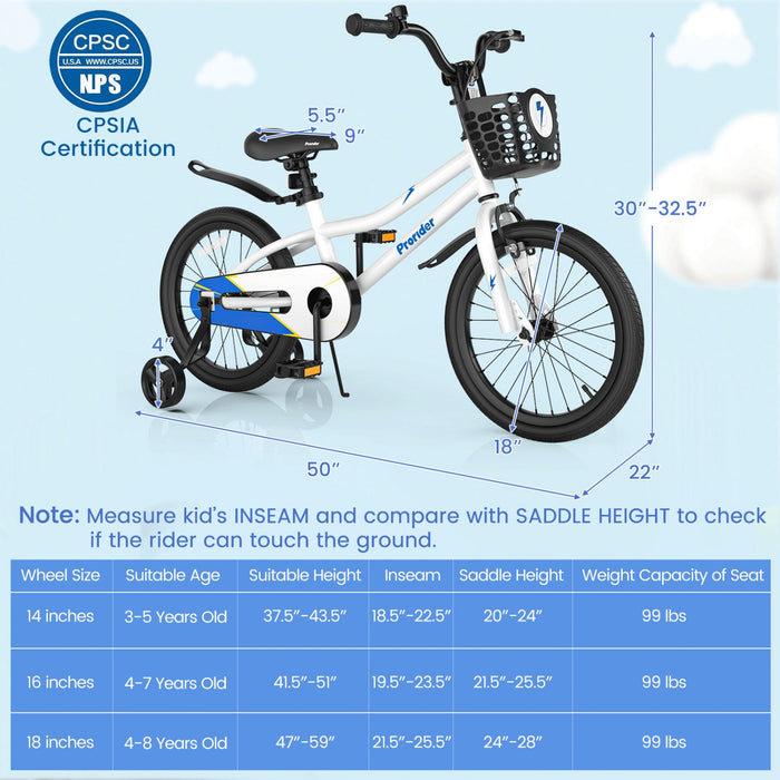 Costway 18" Kid's Bike With Removable Training Wheels & Basket For 4-8 Years Old White
