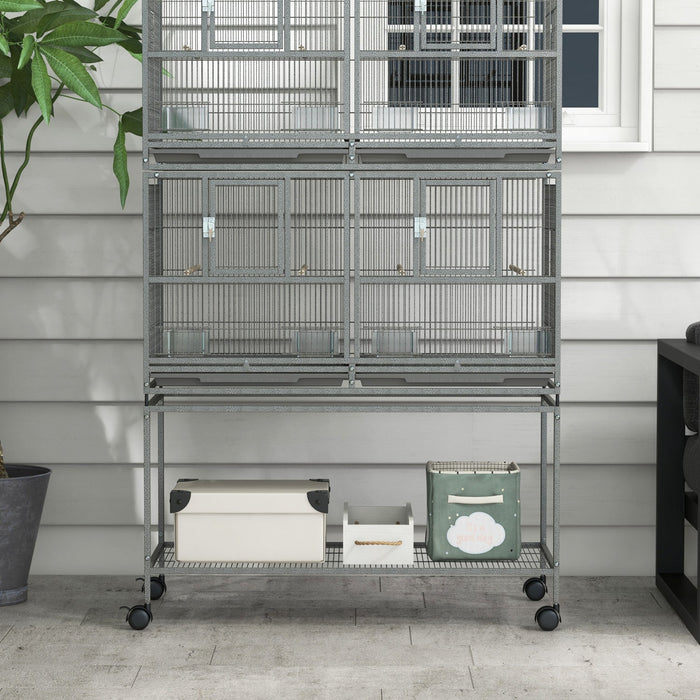 Pawhut 61 Inch Large Double Rolling Metal Bird Cage Bird House With Removable Metal Tray, Storage Sh
