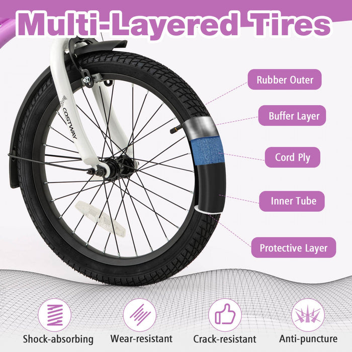 Costway 18" Kids Bike For 4-8 Years Old Boys & Girls With Adjustable Seat Handbrake Reflectors Purple