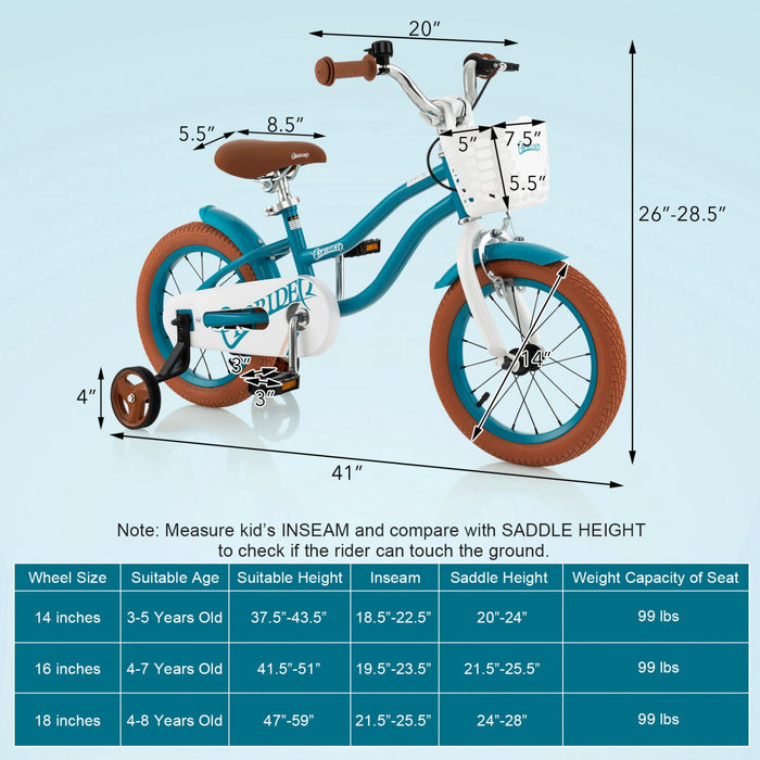 Costway 14" Kid's Bike With Removable Training Wheels & Basket For 3-5 Years Old Blue
