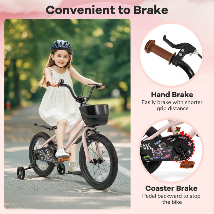 Costway 16" Kid's Bike With Training Wheels Adjustable Handlebar & Seat Handbrake Pink