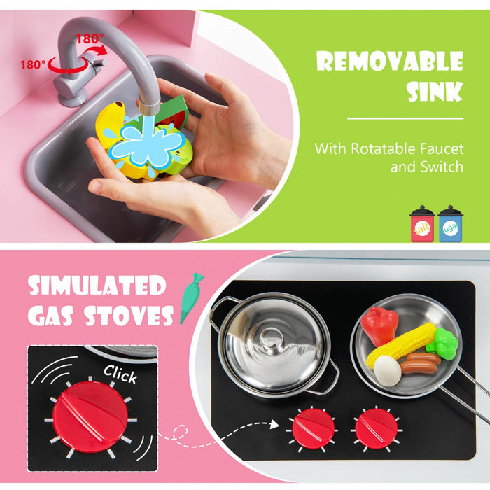 Costway Kids Kitchen Playset Wooden Pretend Play Chef Toy With Microwave & Accessories Pink