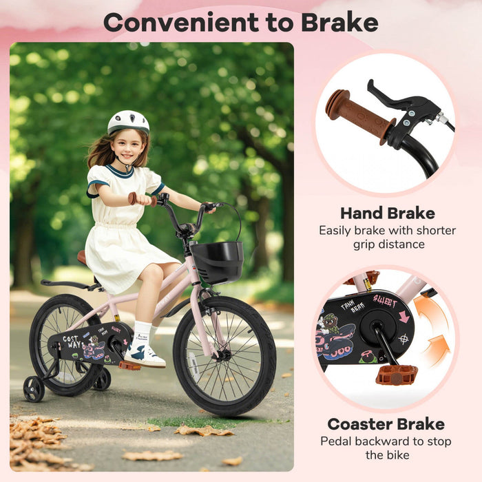 Costway 18" Kid's Bike With Training Wheels Adjustable Handlebar & Seat Handbrake Pink