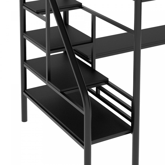 Cherry Twin Loft Space-saving Metal Bed With Desk, Led Light - Black 