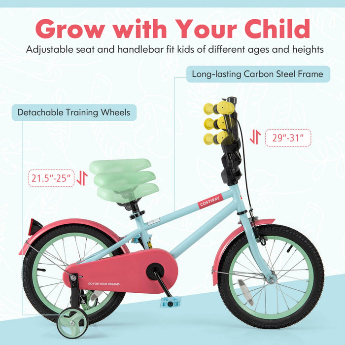 Costway 16" Kids Bike With Adjustable Saddle Handlebar Removable Training Wheels Handbrake Red