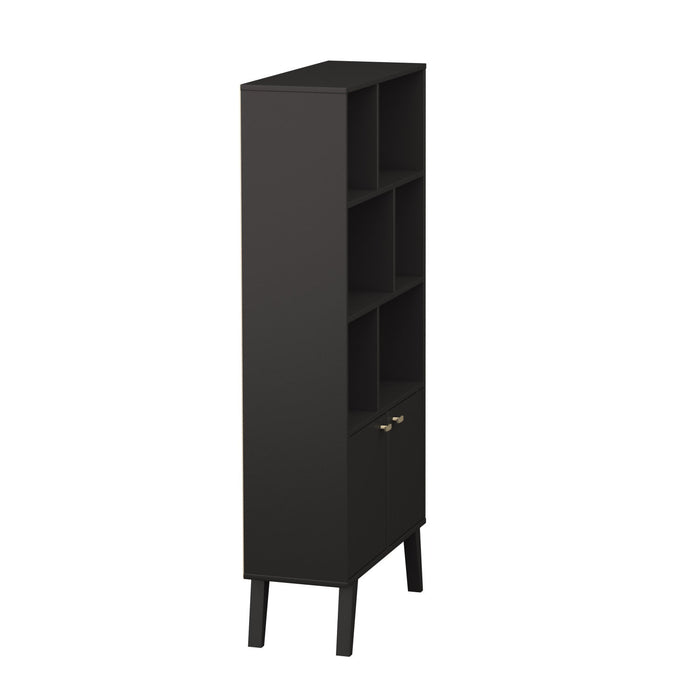 Milo Mid-Century Modern Bookcase with 6 Shelves, 2 Doors & Brushed Brass-Finished Knobs - Black