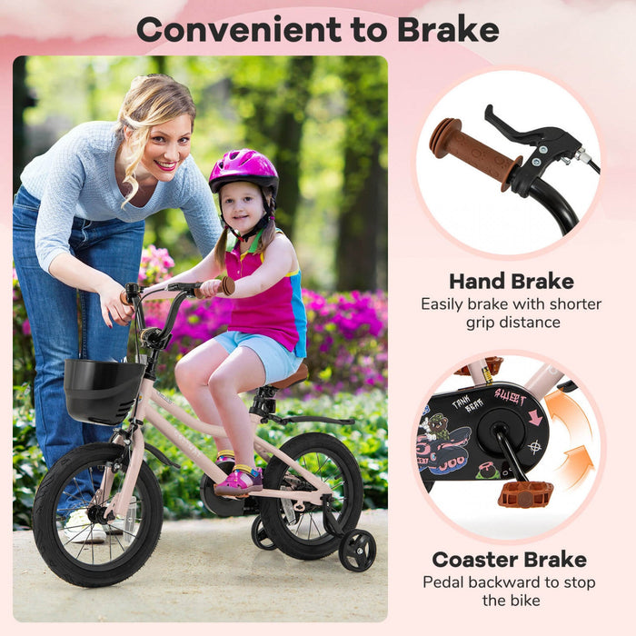 Costway 14" Kid's Bike With Training Wheels Adjustable Handlebar & Seat Handbrake Pink