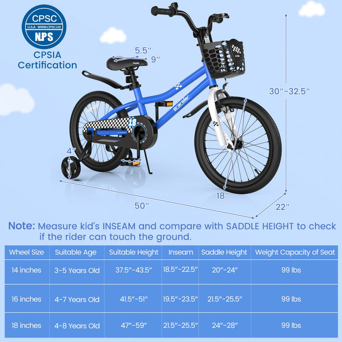 Costway 18" Kid's Bike With Removable Training Wheels & Basket For 4-8 Years Old Blue