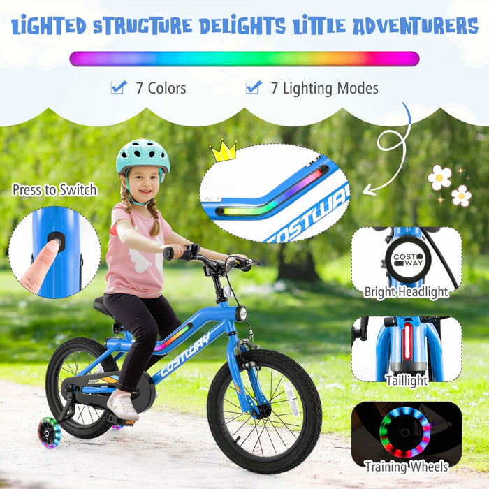 Costway 16" Led Lighted Kids Bike With Adjustable Seat Coaster Brake Training Wheels Blue
