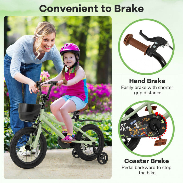 Costway 14" Kid's Bike With Training Wheels Adjustable Handlebar & Seat Handbrake Green