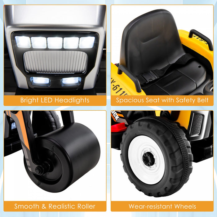 Costway Kids Ride On Road Roller 12v Electric Tractor Remote W/ Music & Led Light Yellow