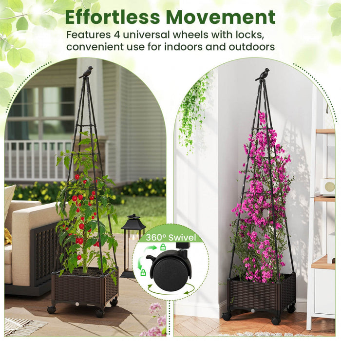 Costway 2 Pcs Raised Garden Bed With Plant Box & Obelisk Trellis Lockable Wheels Cage Planter