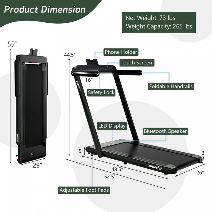 Superfit 2.25hp 2 In 1 Dual Display Folding Treadmill Jogging Machine W/app Control Green