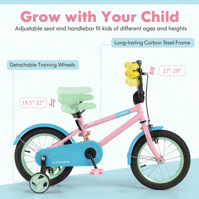 Costway 14" Kids Bike With Adjustable Saddle Handlebar Removable Training Wheels Handbrake Pink
