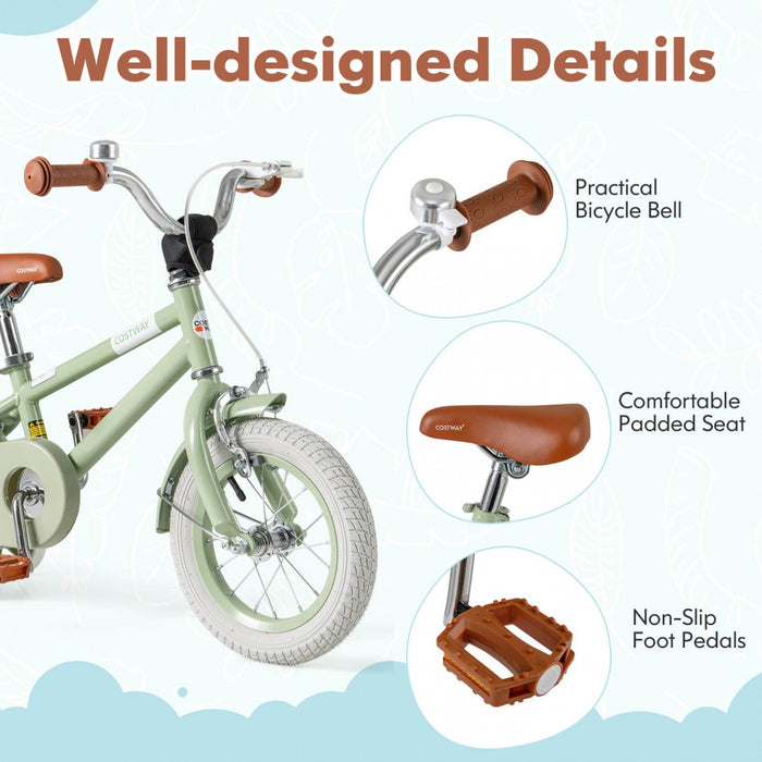 Costway 12" Kids Bike With Adjustable Saddle Handlebar Removable Training Wheels Handbrake Green