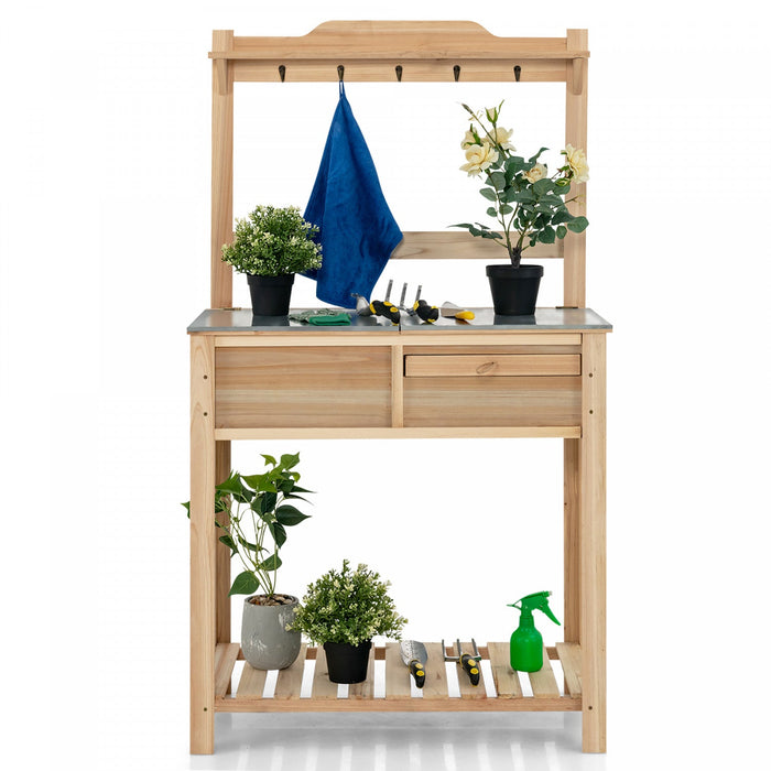 Costway Outdoor Garden Potting Bench Table Wooden Work Station W/metal Top Open Shelf