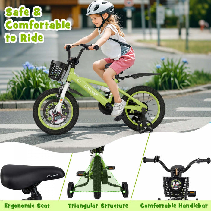 Costway 14" Kid's Bike For 3-5 With Height-adjustable Handlebar & Saddle Handbrake Green