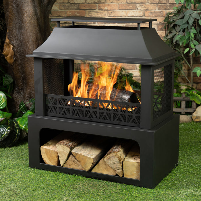 Deko Living Outdoor Metal Fireplace with Log Storage
