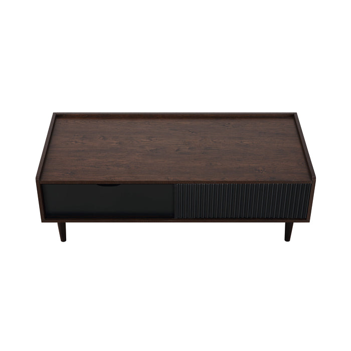 Manhattan Comfort Duane Modern Ribbed Coffee Table with Drawer & Shelf - Dark Brown & Black