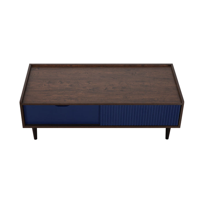 Manhattan Comfort Duane Modern Ribbed Coffee Table with Drawer & Shelf - Dark Brown & Navy Blue