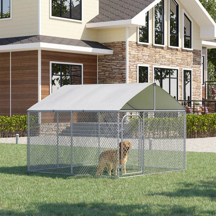 Pawhut Dog Kennel Outdoor Run Fence With Roof, Steel Lock, Mesh Sidewalls For Backyard & Patio, 7.5'