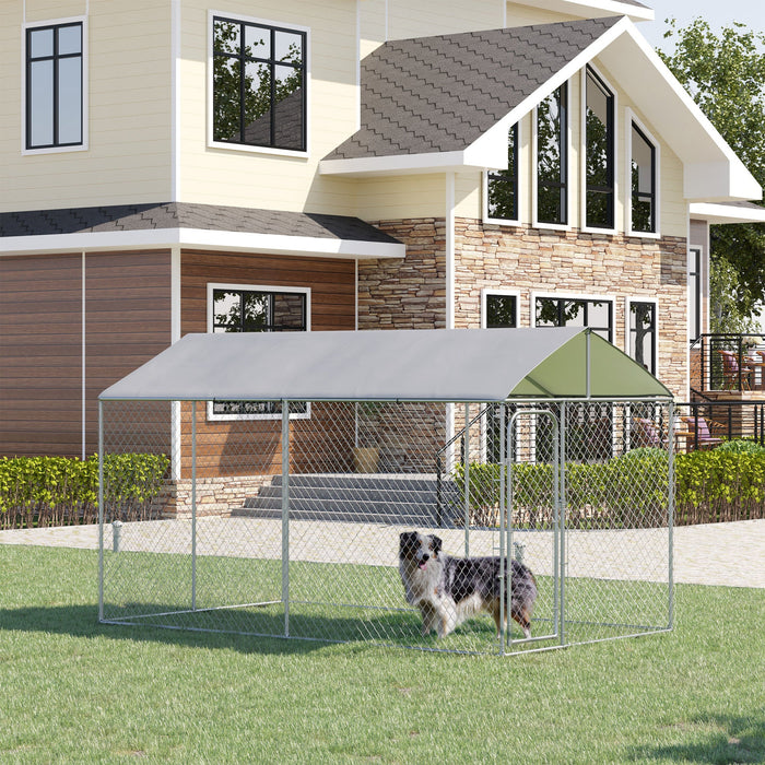 Pawhut Dog Kennel Outdoor Run Fence With Roof, Steel Lock, Mesh Sidewalls For Backyard & Patio, 13.1