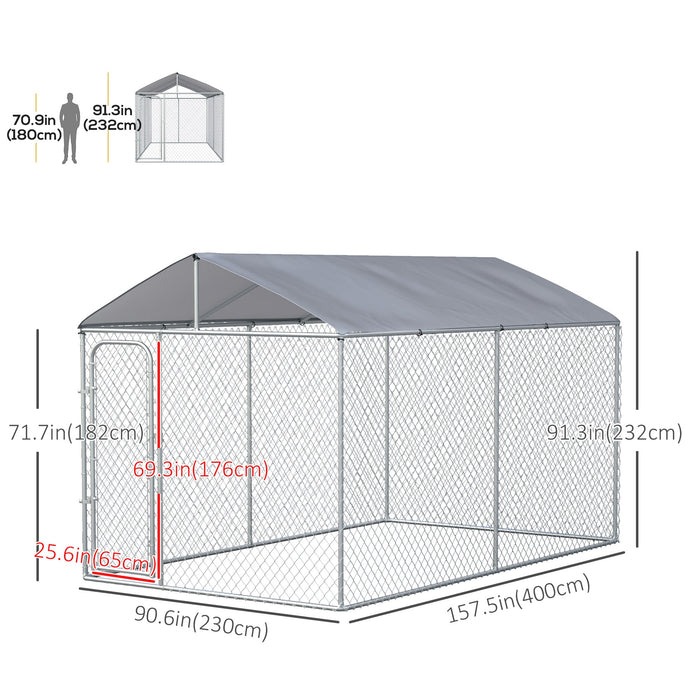 Pawhut Dog Kennel Outdoor Run Fence With Roof, Steel Lock, Mesh Sidewalls For Backyard & Patio, 13.1