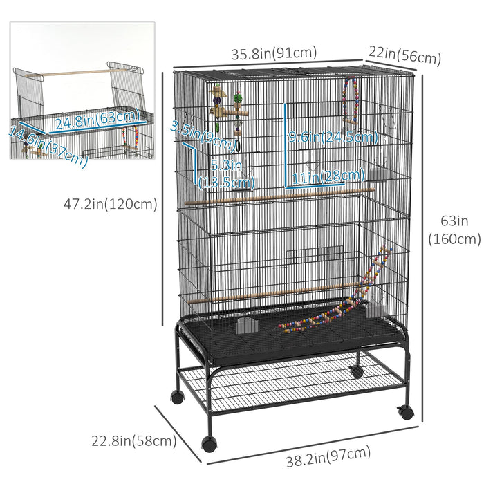 Pawhut 63\" Bird Cage Open Top For Budgies Cockatiels Canaries Lovebirds Finches With Rolling Stand, 