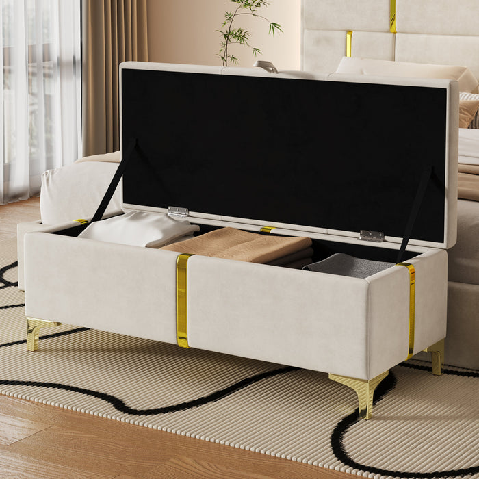 Tony Soft Velvet Upholstered Storage Ottoman Bench With Metal Legs,beige 