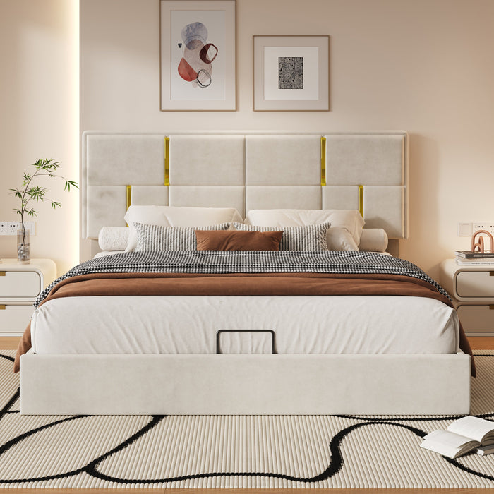 Joyce Upholstered Platform Bed With Hydraulic Storage And Velvet Frame,queen Size,beige Queen Bed 