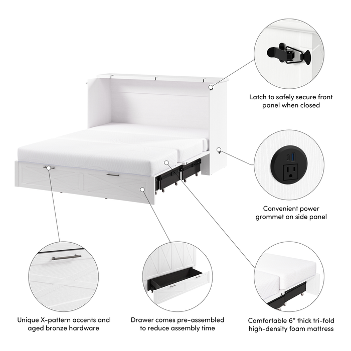 Key West Cabinet Bed with Tri-Fold Mattress  - White Oak - Queen Size 